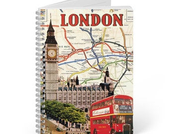 London Big Ben Collage Journal, A5 Wirebound Notebook with Lined Pages, Ideal for Note Taking & Sketching, Unique Travel Gift