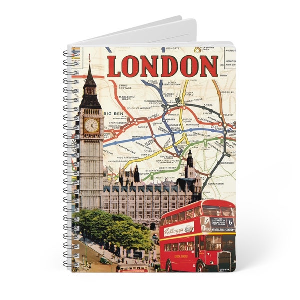 London Big Ben Collage Journal, A5 Wirebound Notebook with Lined Pages, Ideal for Note Taking & Sketching, Unique Travel Gift