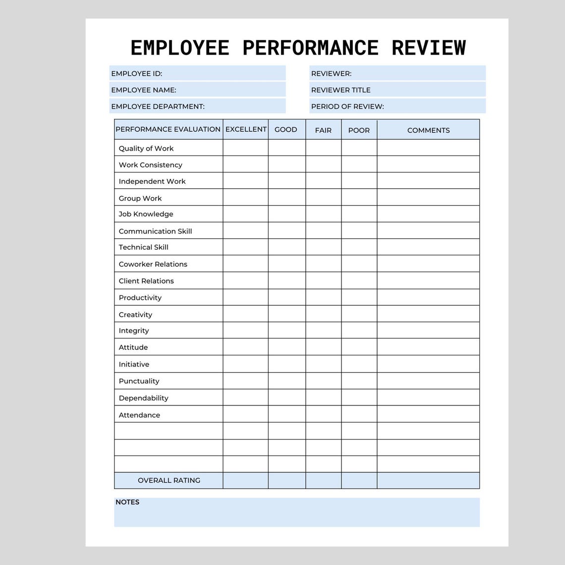 Employee Performance Review Template: Printable HR Evaluation (PDF) - Etsy