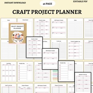 May include: A 46-page printable craft project planner with pages for vision boards, creative goals, gift project trackers, weekly plans, to-do lists, and more. The planner has a pink and white colour scheme.