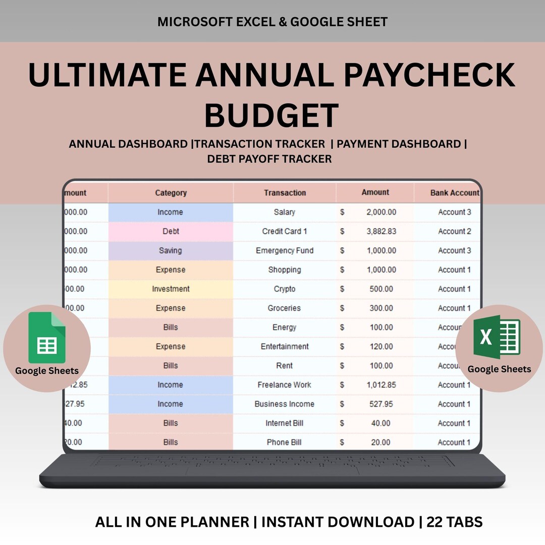 Annual Pay Check Budget Planner | Google Sheets and Excel Budgeting ...