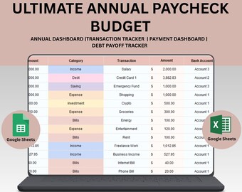 Annual Pay check Budget Planner | Google Sheets and Excel Budgeting Spreadsheet | Income & Expense Tracker