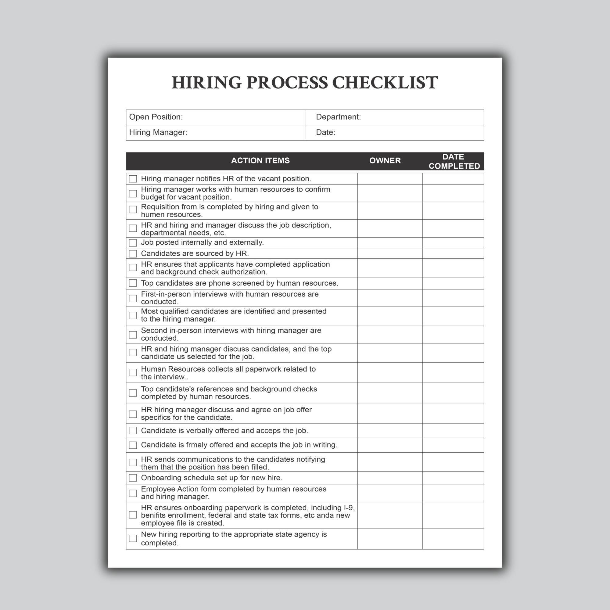 Hiring Process Checklist Template: Editable HR Onboarding (PDF & Word ...