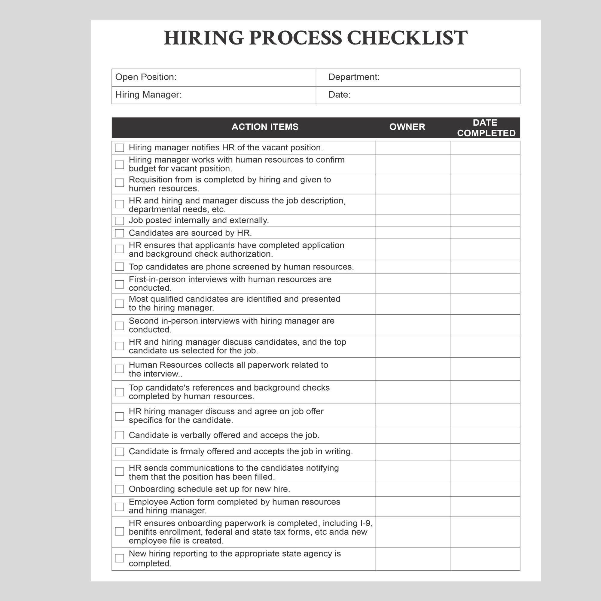 Army Hr Inprocessing Checklist Hiring Process Checklist Template: Editable HR Onboarding (PDF & Word ...
