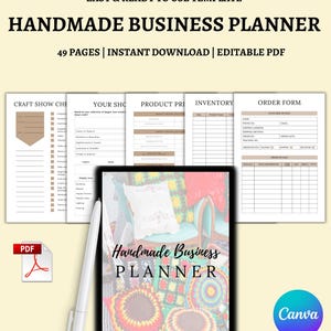 May include: A digital planner template for handmade businesses. The cover features a colorful crocheted design with the text "Handmade Business Planner".