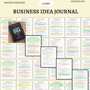 Puede incluir: Un diario de ideas de negocio de 13 páginas con un diseño colorido. El diario incluye secciones para la investigación de la competencia, el público objetivo, el lienzo del modelo de negocio, el plan de financiación e inversión, los desafíos y la evaluación de riesgos, y el análisis de problemas y soluciones. El diario es editable y se puede descargar instantáneamente.