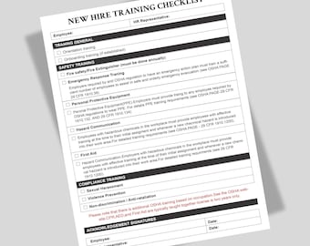 May include: A black and white checklist for new employee training. The checklist includes sections for training general, safety training, compliance training, and acknowledgement signatures. The checklist is titled "New Hire Training Checklist".