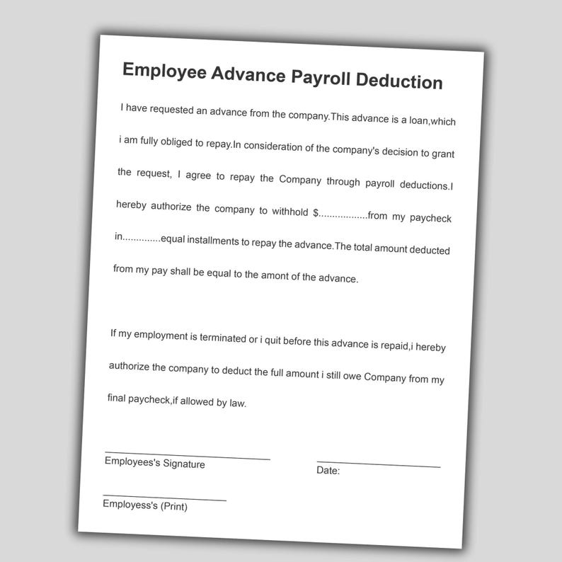 Atd Form Sample Employee Advance Payroll Deduction Template: Editable MS Word (instant ...