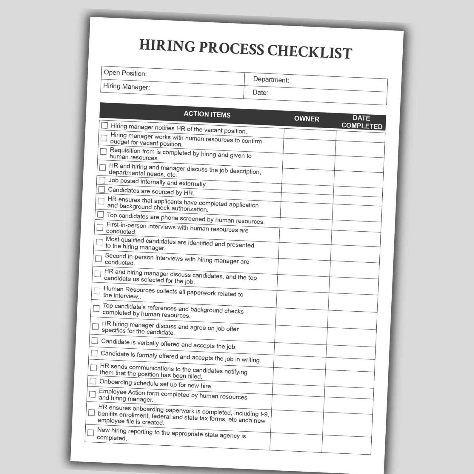 Hiring Process Checklist Template: Editable HR Onboarding (PDF & Word ...