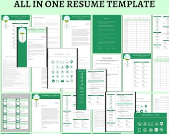 May include: A 21-page editable PDF resume template with a green and white color scheme. The template includes sections for job interview, job application, interview schedule, and more. The template features a green circle with a white outline and a small green tree inside. The text "ANNABELLE STENLEY" is written in white inside the circle.