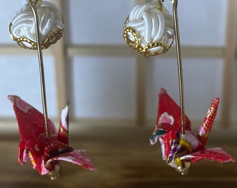 Yuzen Origami Crane earrings with mizuhiki awajimusubi knot beads