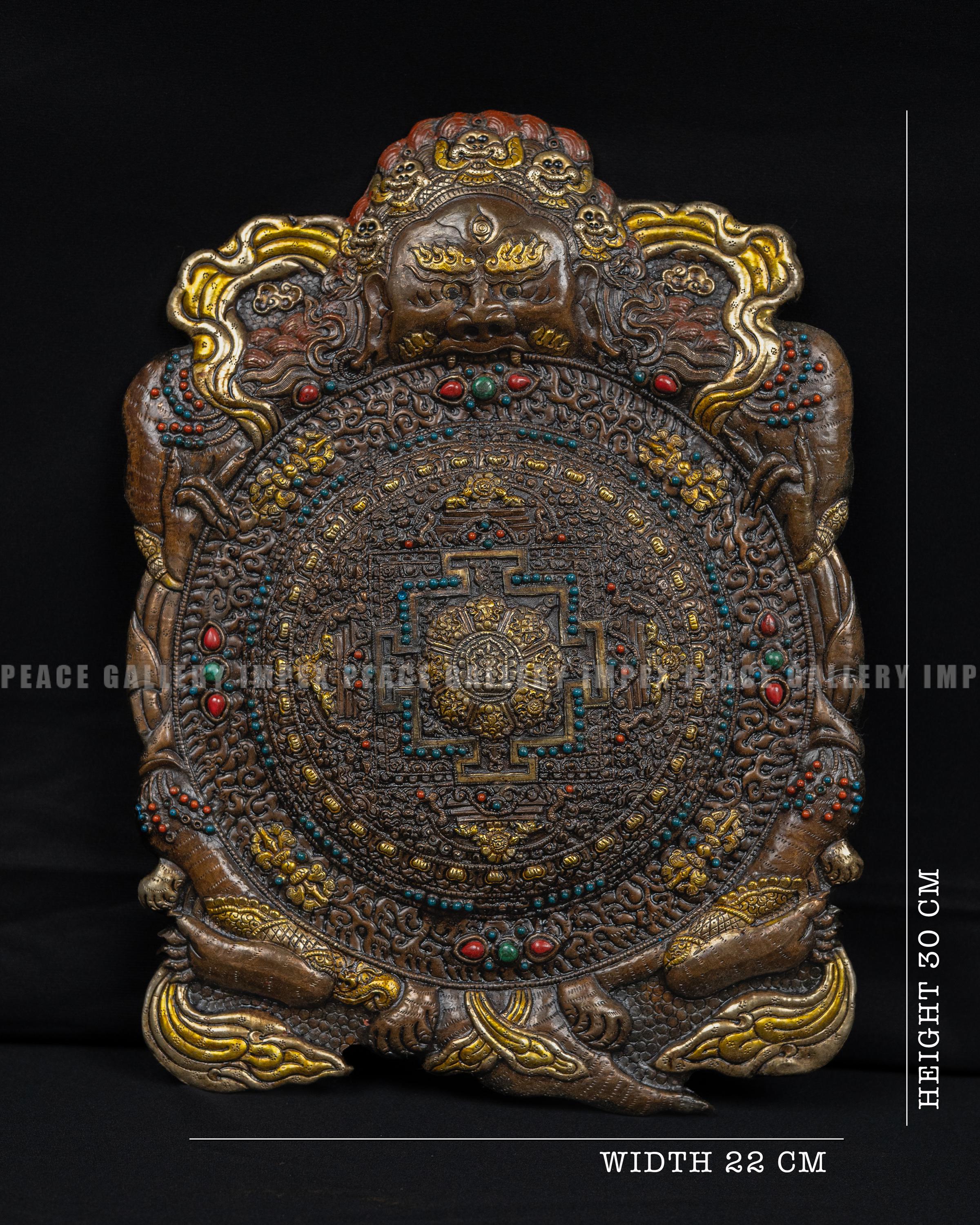 Tibetan Kalachakra Mandala Copper Plaque – Mahakala, Inlaid Stones