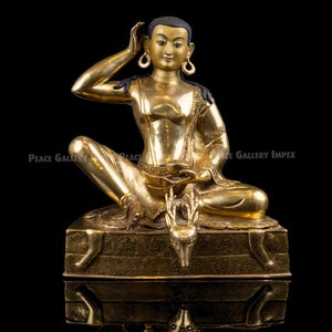 Hand-Crafted Gilt Bronze Milarepa Statue: Tibetan Yogi Decor