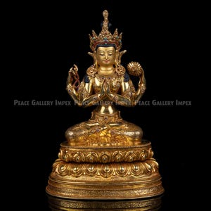 Gold-Gilded Chenrezig Statue with Turquoise Gemstones