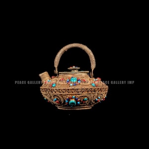 Handcrafted Tibetan Copper Brass Kettle – Ornate Himalayan Buddhist Teapot