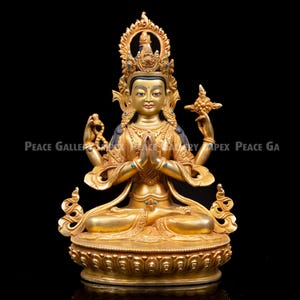 Gold Gilded Copper Chenrezig Statue: Tibetan Bodhisattva of Compassion