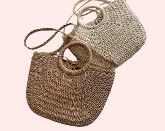 Bolso de mano Boho de playa tejido a mano para el verano, mini bolso TOTE hecho a mano - Bolso bandolera Boho - Bolso de hombro de paja accesorio de verano