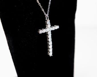 Christian Long Diamond Cross Necklace for Women, Real Pure 925 Silver Lab Diamond Jewelry, Birthday or  or Quinceañera Teen Gift for her