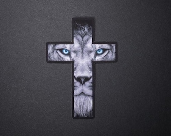 Lion of Judah Cross Sticker, Christian Waterproof Vinyl Decal, Jesus Sticker, Faith Sticker for Bible Laptop Tumbler, Religious Gift for Him