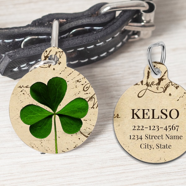 St. Patrick's Day Vintage Style Shamrock Pet ID Dog Tag Cat Charm Double Sided Personalized