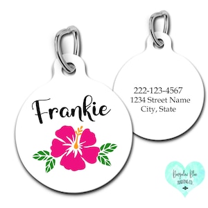 Pink Hibiscus Pet id Tag, Cute Flower Dog Tag, Personalized Tropical Luau Pet Id Tag