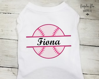 Pink Baseball Pet T Shirt, Personalized Pink Softball Dog T Shirt, Baseball Dog Gift, Custom Name and Number Softball Dog Tee