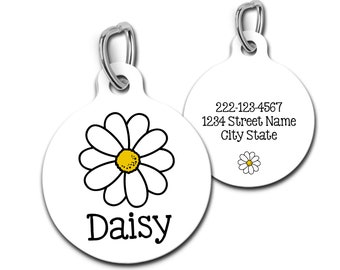 Daisy Pet id Tag, Cute Flower Dog Tag, Personalized Floral Pet Id Tag