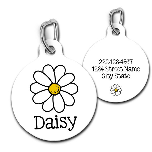 Daisy Pet id Tag, Cute Flower Dog Tag, Personalized Floral Pet Id Tag