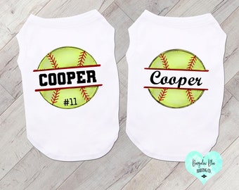 Softball Pet T Shirt, Personalized Softball Dog T Shirt, Softball Dog Gift, Custom Name and Number Baseball Dog Tee