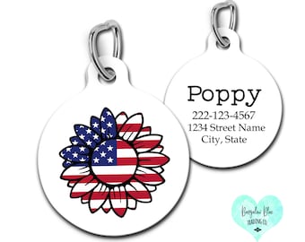 4th of July Pet Id Tag, Fourth of July Dog Tag, American Flag Sunflower Pet Tag, Patriotic Pet Gift