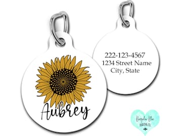 Sunflower Pet id Tag, Cute Flower Dog Tag, Personalized Fall Pet Id Tag