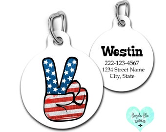 4th of July Pet Id Tag, Fourth of July Dog Tag, American Flag Peace Sign Pet Tag, Patriotic Pet Gift
