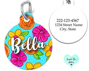 Summer Flowers Pet id Tag, Bright Flower Dog Tag, Personalized Floral Pet Id Tag