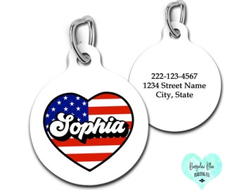 American Flag Heart Pet ID Tag, Fourth of July Dog Tag, Patriotic Heart Pet Tag