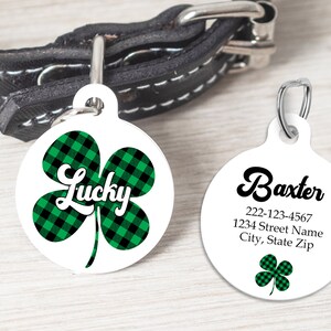 St. Patrick's Day Pet ID Tag Lucky Shamrock Buffalo Plaid Dog Tag Cat Charm Double Sided