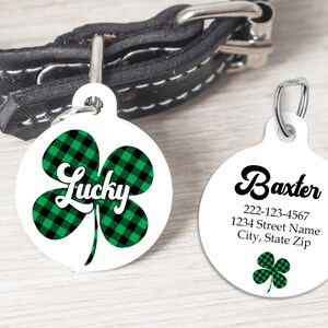 St. Patrick&#39;s Day Pet ID Tag Lucky Shamrock Buffalo Plaid Dog Tag Cat Charm Double Sided