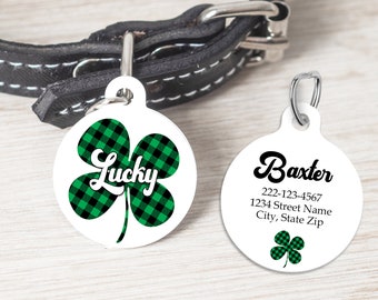 St. Patrick's Day Pet ID Tag Lucky Shamrock Buffalo Plaid Dog Tag Cat Charm Double Sided