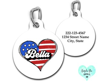 4th of July Pet Id Tag, Fourth of July Dog Tag, Patriotic Heart Pet Tag