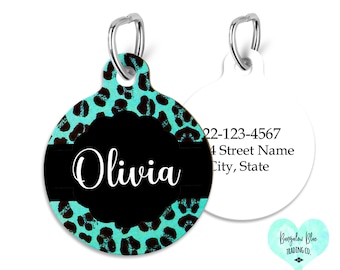 Turquoise Leopard Print Pet ID Tag, Animal Print Dog Tag, Teal Blue Cheetah Tag for Pets