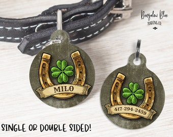 Lucky Horseshoe with Four Leaf Clover Dog Cat Personalized Tag Pet ID for St. Patrick's Day