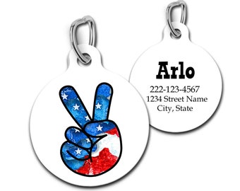 4th of July Pet Id Tag, Fourth of July Dog Tag, American Flag Peace Sign Pet Tag, Patriotic Pet Gift, Watercolor Peace Sig Tag