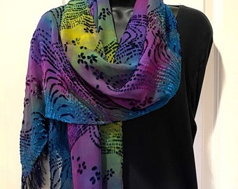 Silk Velvet Long Scarf in Color mix Burn Out Floral pattern 14" x 72" Hand Dyed