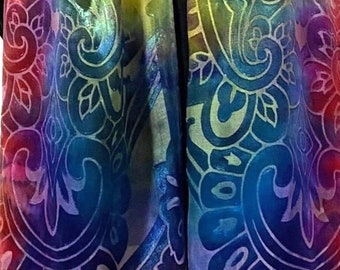 Silk Scarf in Arabesque Burn Out Pattern 14" x 72" Hand Dyed