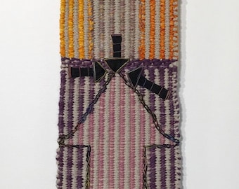 Hand Woven Hand Dyed Tapestry "Me and My Arrows" in Pastel Multicolors with Copper Rods