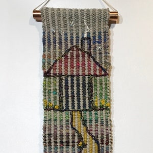 Hand Woven Hand Dyed Tapestry 5 x 25 in Wool, Linen, Cotton, Hand Spun Wool and Silk Blend Yarns Copper Rods image 1