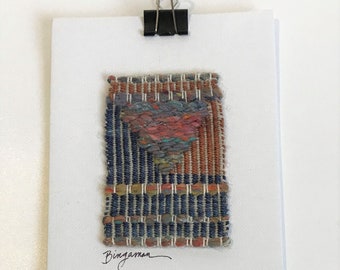 Hand Woven Hand Dyed Smaller Landscape Tapestry on 5" x 7" Canvas Board Terracotta Color Mix