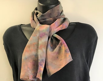 Hand Dyed Silk Crepe Scarf or Sash or Hat Band in Ice Dyed Color Mix of Moss and Taupe 8" x 54"