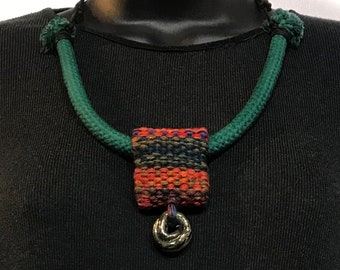 Hand Dyed Hand Woven Adjustable Cord Necklace with Ceramic Drop in Greens and Earth Tones