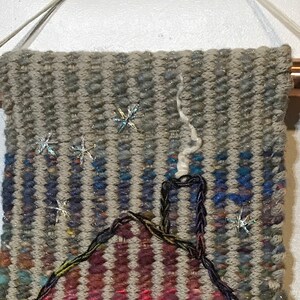 Hand Woven Hand Dyed Tapestry 5 x 25 in Wool, Linen, Cotton, Hand Spun Wool and Silk Blend Yarns Copper Rods image 4