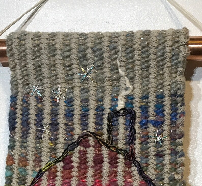 Hand Woven Hand Dyed Tapestry 5 x 25 in Wool, Linen, Cotton, Hand Spun Wool and Silk Blend Yarns Copper Rods image 4